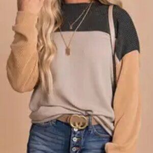 Color Block Crew-neck Long-sleeved Ribbed Color Contrast Loose Fit Tee Shirt
